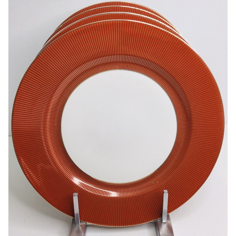 4 Dinner Plates Grace s Teaware Elegant White, Red Gold Stripes 10” New